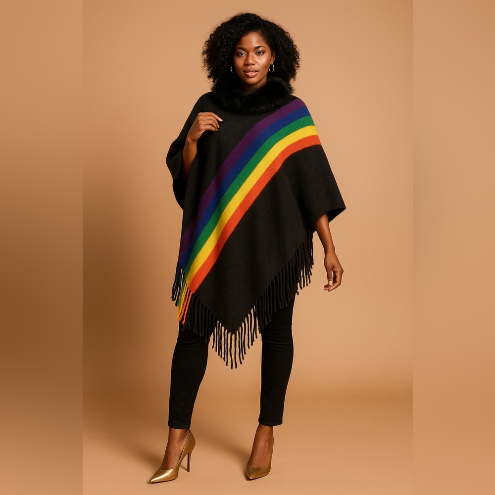 Chic Charcoal Rainbow Stripe Poncho with Faux Fur Collar – Cozy Boutique Wrap